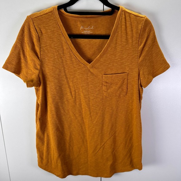 Marled Womens Sz Lg V Neck T-Shirt Mustard Yellow Short Sleeve Pocket - Picture 1 of 6
